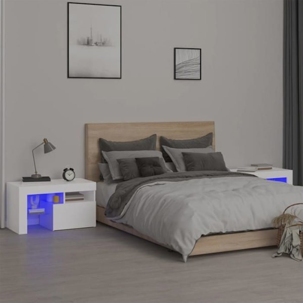 Set med 2 sängbord med LED-lampor, förvaringsutrymme med dörr, 70 x 36,5 x 40 cm, vit ingenjörsträ DEC0353 Vit