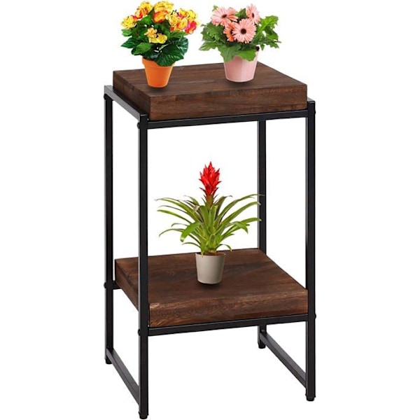 Plattformstöd för växter och blomhylla, sidobord i metall med MDF mörkbrun 61