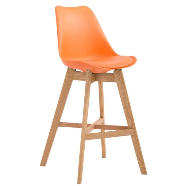 Skandinavisk barstol med fotstöd i trä, sits i plast och orange syntetmaterial.