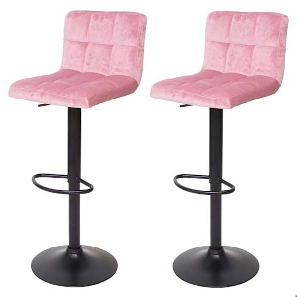 Sæt med 2 høje barstole med justerbar højde, rosa velourstof, sort metalben Rosa