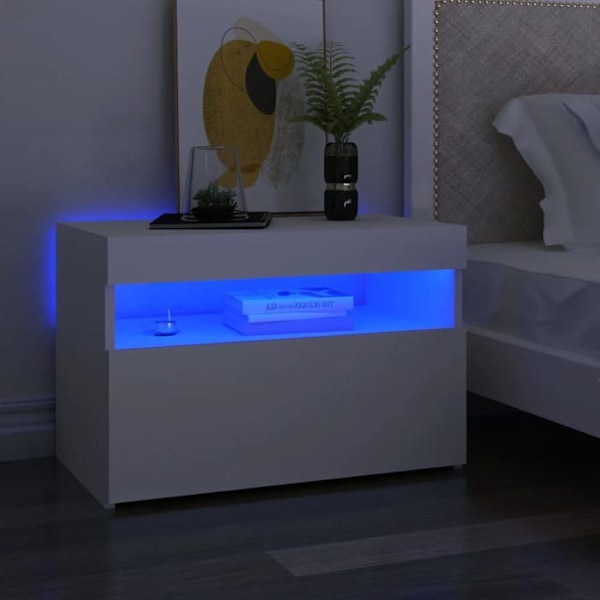 2 kpl yöpöytiä LED-valoilla ja ovikomponentilla 60 x 35 x 40 cm valkoista sorvattua puuta DEC035933 Vit