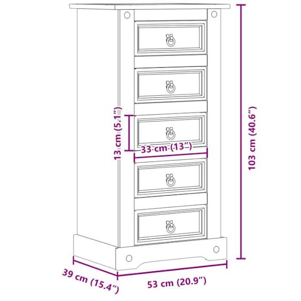 Natbord med 5 skuffer 53 x 39 x 103 cm massivt fyrretræ DEC033905 kastanj