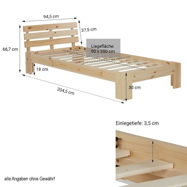 Seng enkel med silke i trælameller 90 x 200 naturligt trä