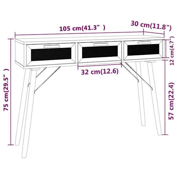 Moderne entre-konsol møbel, sidebord med skuffer 105 x 30 x 75cm massiv fyr / naturlig brune rattan DEC032038 kastanj