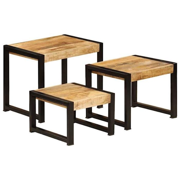 Set med 3 stapelbara sidobord i solid mangoträ och svart stål DEC032711 kastanj