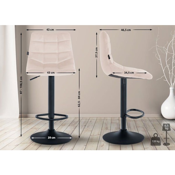 Sæt med 2 barstole i beige velour, sort metallisk base, højdejusterbare og med fodstøtte TDB10623 Beige