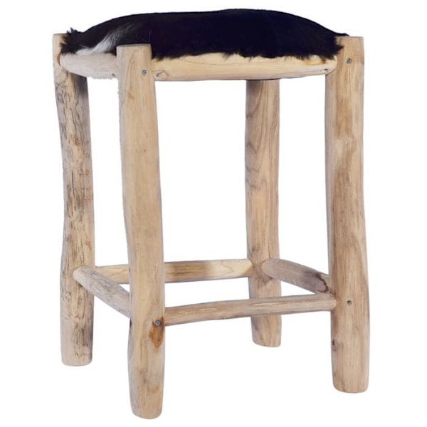 55 cm korkea nahka- ja teak-puu taburetti DEC029470 kastanj