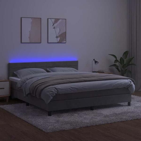 Sängram - LED - 180x200 cm - Ljusgrå sammet - 2 platser - Samtida design Ljusgrått