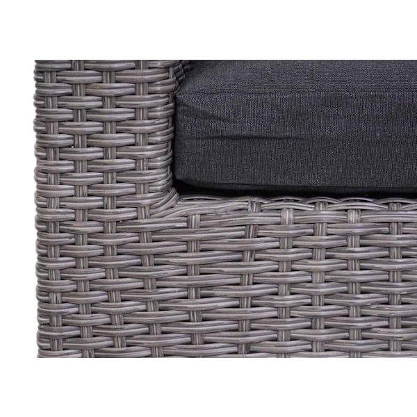 Havemøbler med pouf-stole, bord og puder i antracit og grå polyrotin
