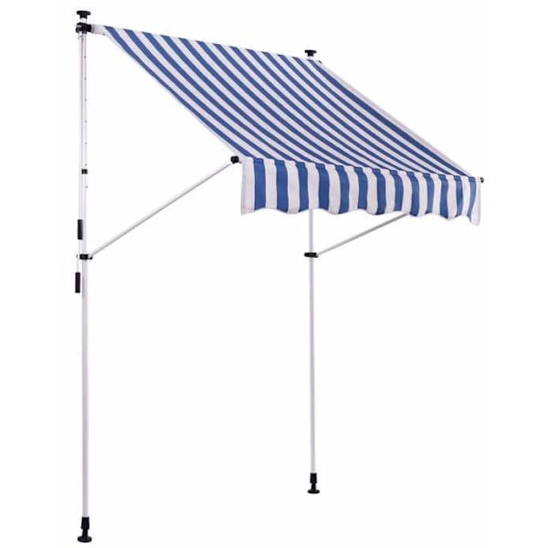 Opbevaringsbane terrasse markise med justerbar fod installation uden boring bredde 350 cm rør i stål hvidt/blåt stof 1 Vit