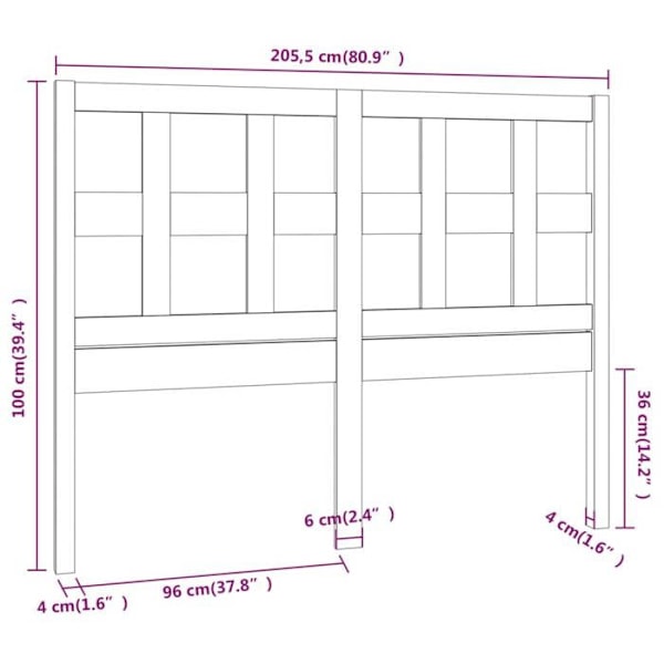 Hovedgærde til seng, soveværelse, møbel 205,5 x 4 x 100 cm, hvidt fyrretræ TDL0203740