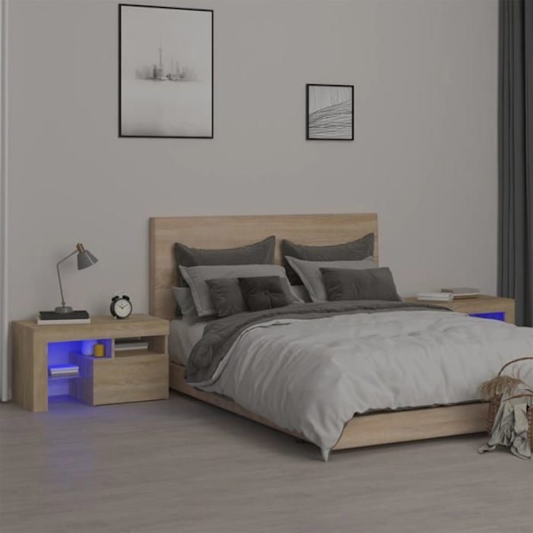 Sæt med 2 natborde med LED-lys og skab med dør 70 x 36,5 x 40 cm i ingeniørtræ farve eg DEC0354 kastanj