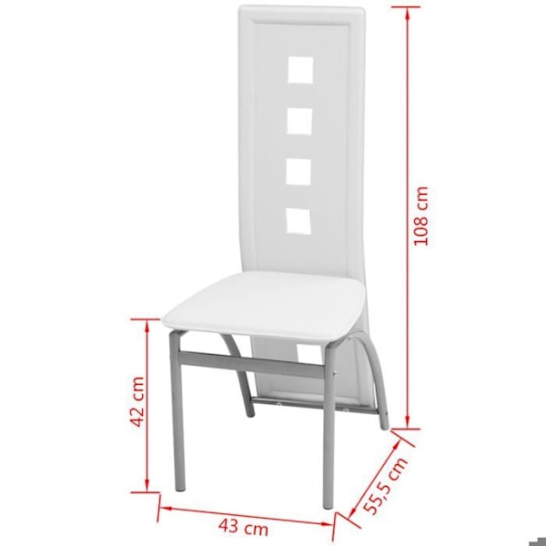 Set med 4 tidlösa matsalsstolar i vitt syntetiskt material.