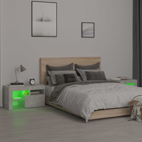 Set av 2 sängbord med LED-lampor, förvaringsfack med dörr 70 x 36,5 x 40 cm ingenjörsträ grå DEC03530 kastanj