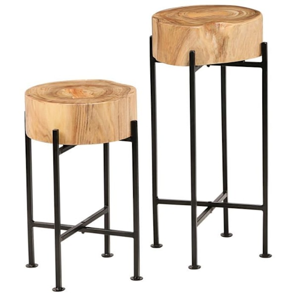 Sæt med to sidebord til plantehold i massivt akacietræ og stål DEC031396 kastanj