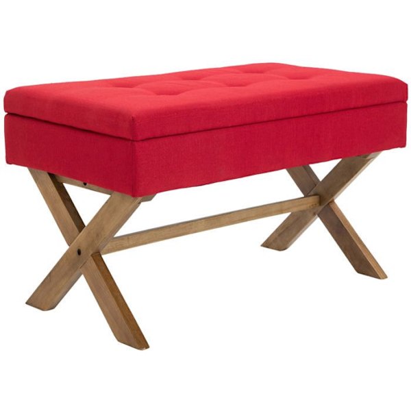 Banquette ved fodenden af sengen 98 cm med opbevaringsplads i rød stof med dekorative knapper, lyse ben 10_0003665 Guld