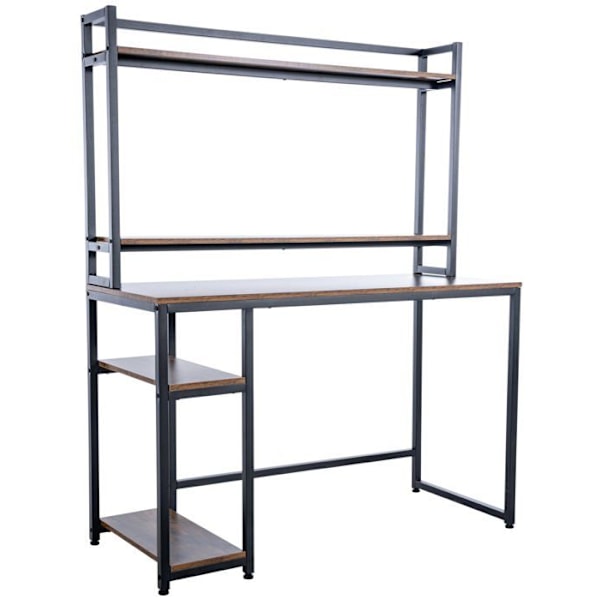Bureau pöytä tietokoneelle hyllyllä ja säilytystiloilla retro teollisessa muotoilussa puusta ja mustasta metallista 10_0005521 kastanj