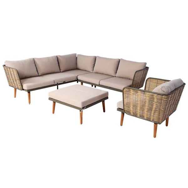 7 hengen ulkokalusteryhmä sohva terasille, mukana terästtabletti ja polyrotin, vaaleanbeige ja ruskeat tyynyt 04_0008320 Beige