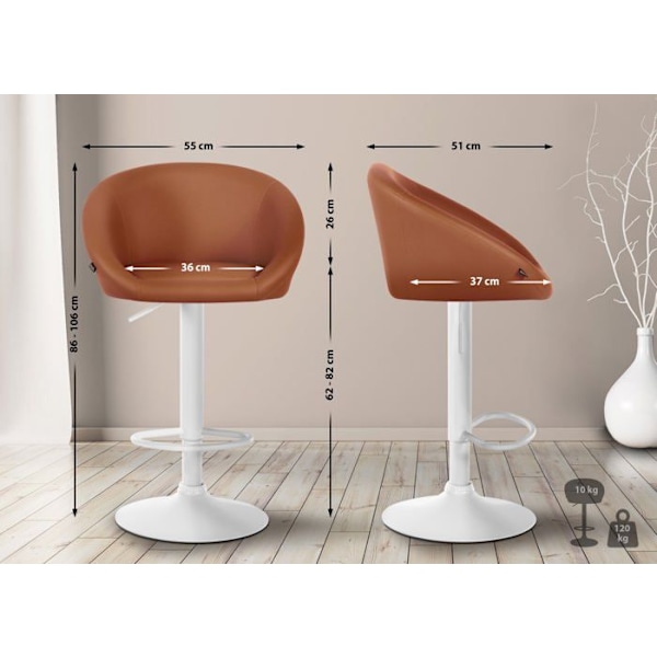 Swarvbarstol med 360° vridbar sits, justerbar höjd i brunt PVC, vit metallfot, 10_0004772 Vit