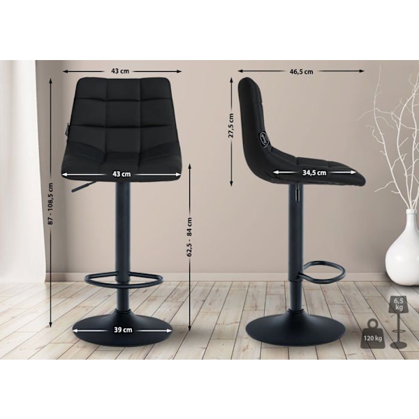 Set med 2 svarta syntetiska barstolar med matt svart metallbas, justerbar höjd och fotstöd TDB10637 Metall