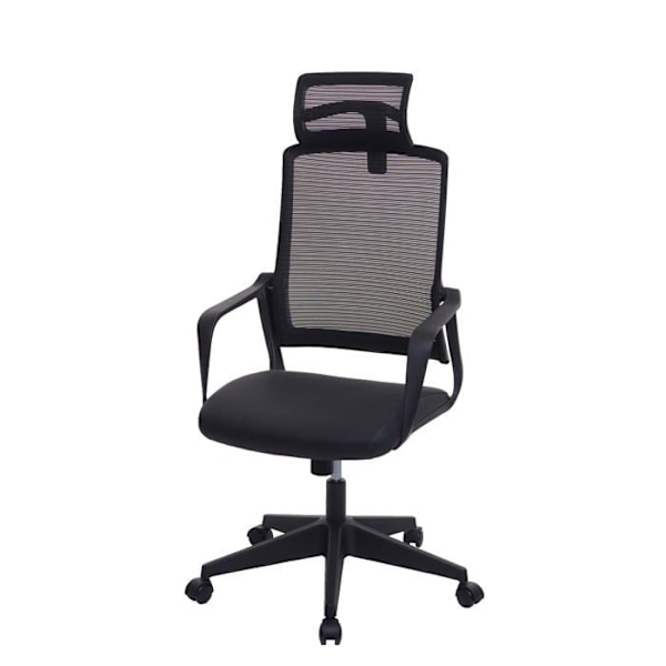 Drejebar kontorstol med ergonomisk hovedstøtte i syntetisk materiale og sort mesh-stof