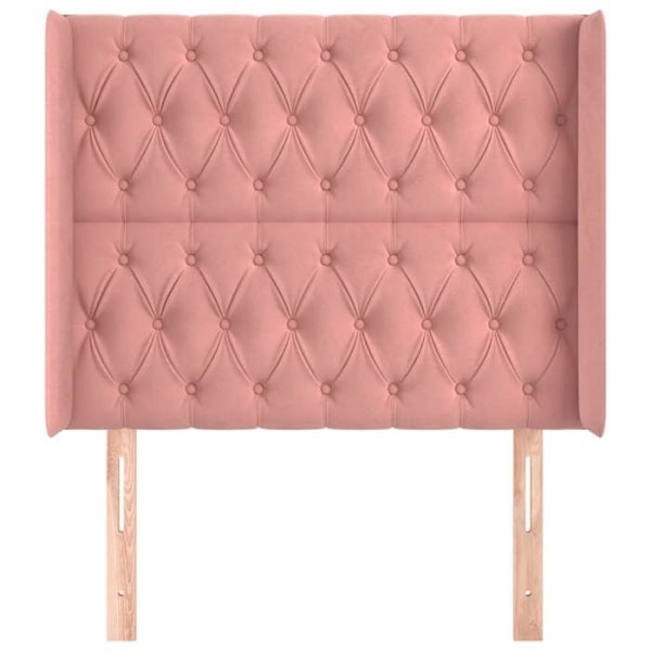 Päällysviime pehmustettu sängynpääty makuuhuoneen huonekalu, jossa on sivureunus, koko 103 x 16 x 118/128, vaaleanpinkki samettikangas. Rosa