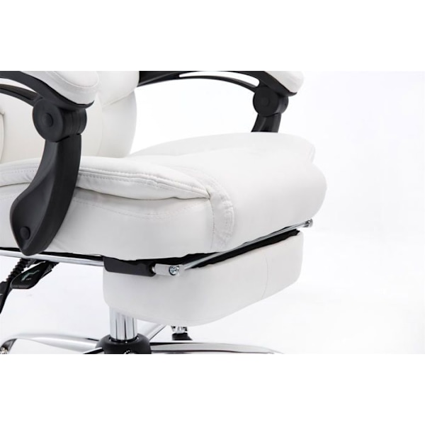 Ergonominen valkoinen synteettinen työtuoli, jossa on jalkatuki ja käsinojat