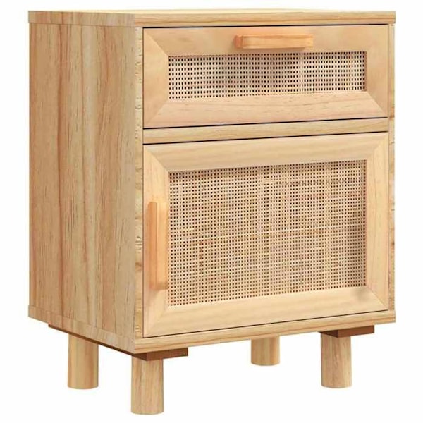 Sæt med 2 natborde med skuffe og rum med låg 40 x 30 x 50 cm i massiv fyrretræ og naturlig rattan DEC035440 kastanj