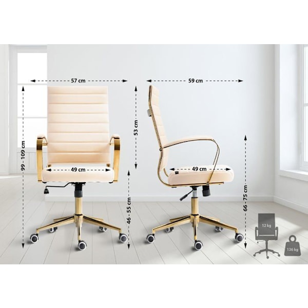 Snygg design kontorsstol med ergonomiskt ryggstöd i cremefärgad konstläder, ram i guldmetall BUR10711 Grädde