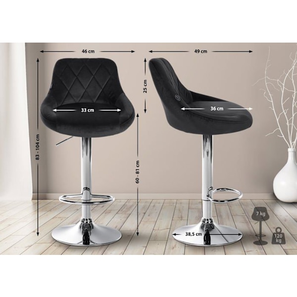 Barstol i sort velour med dekorative syninger, svingbart, metal støtte i krom TDB10676 Metall