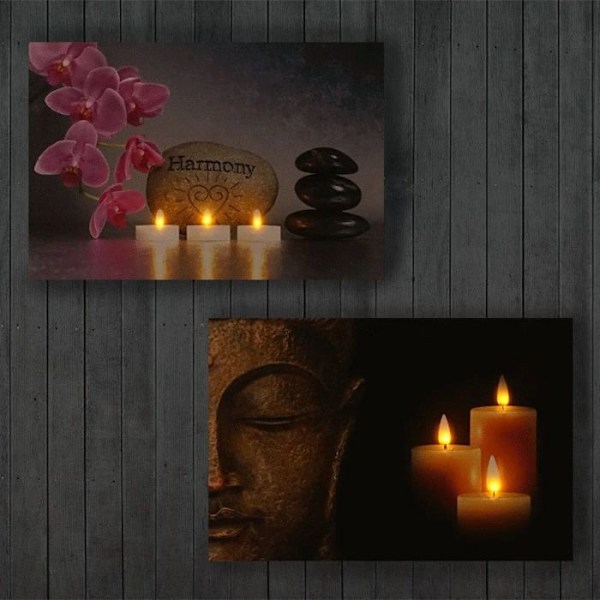 Vægdekorationsstof med 2 LED, lysende billede med buddhastil.