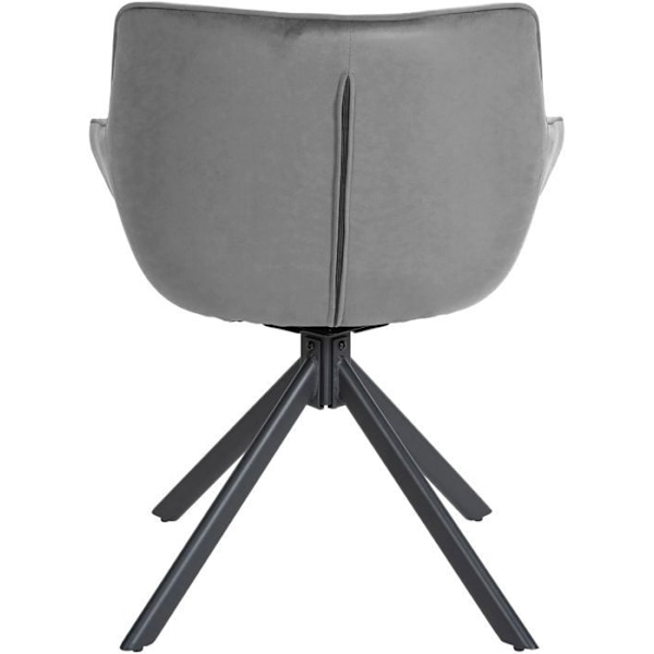 Grå sammetslounge-fåtölj med roterande sittplats och ram av svart metall.