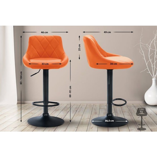 Syntetisk orange barstol med drejefunktion og sorte metalfodstøtter samt dekorative syninger