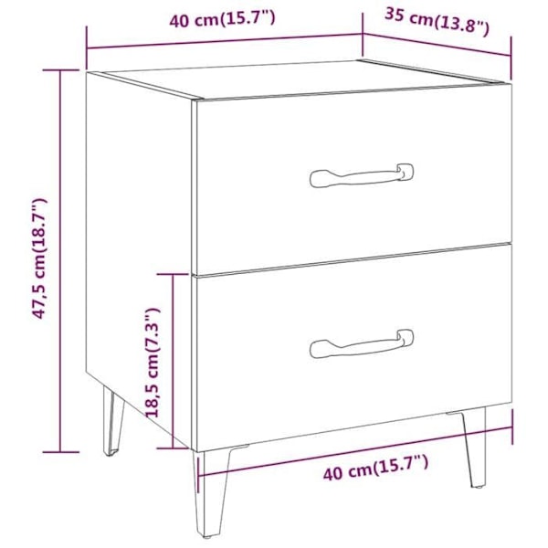 2 kpl yöpöytiä, joissa on kaksi laatikkoa 40 x 35 x 47,5 cm ruskeaa teknistä puuta ja metallia DEC035088 kastanj