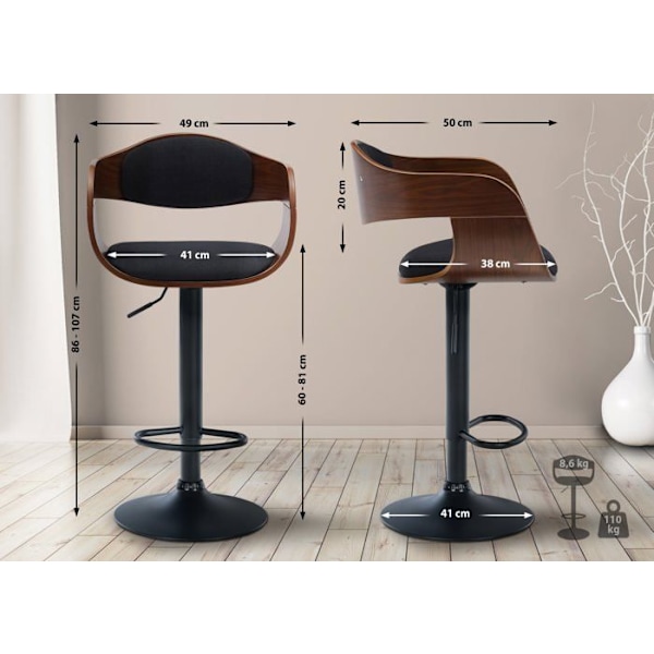 Barstol x1 skandinavisk design i svart tyg och valnötsstruktur med svarta metallben 10_0005038 kastanj