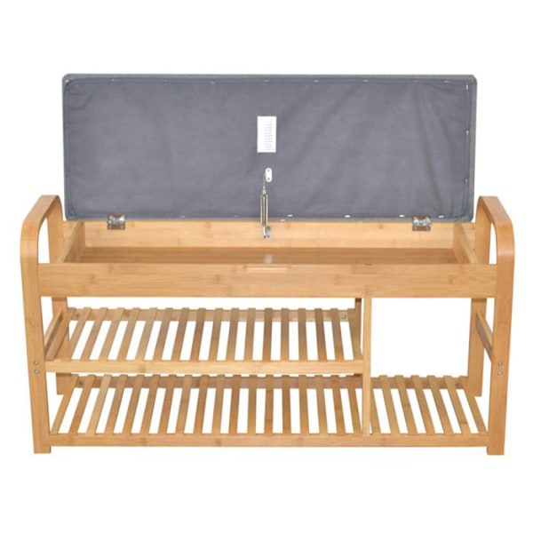 Bamboo bench with two natural color shelves and removable gray padded seat.