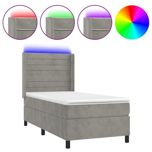 LED sängram med soffa, sänggavel, madrass 90 x 200 ljusgrå sammet
