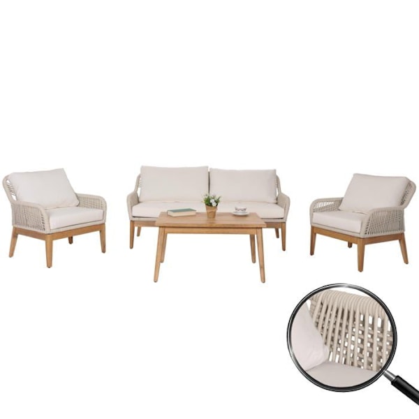 Havemøbler med bord, sofa, stol, snor, akacie træ, creme pude 04_0008307 kastanj