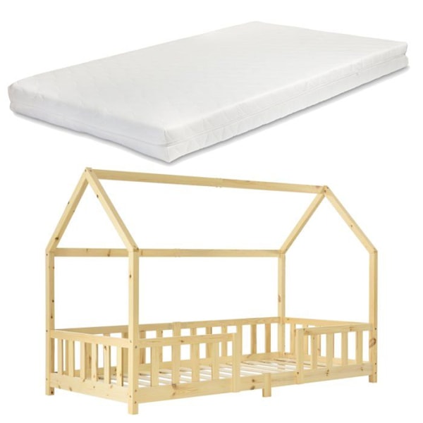 Lasten sängyn muoto talona, jossa vaahtomuovipatja ja puinen painijapari, 90 x 200, luonnollinen.