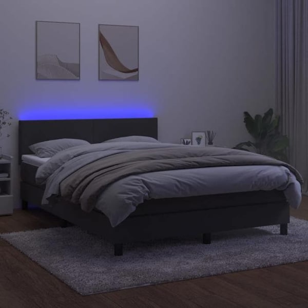 LED-sengramme med silke hovedgærde madras topmadras 140 x 200 mørkegrå fløjl