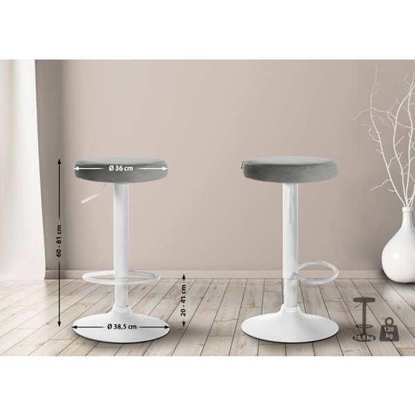Barstol x1 enkel design justerbar höjd grå sammet klädsel metallben vit 10_0005357 Vit