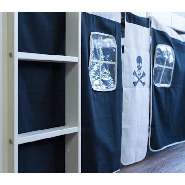 Lyst mezzanin - [MARKE] - 90x200cm - trappe i hvidt træ - sort piratstof
