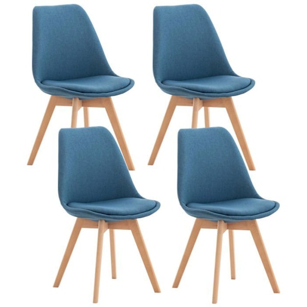 Set med 4 matstolar för kök eller kontor i blått tyg med ben i trä