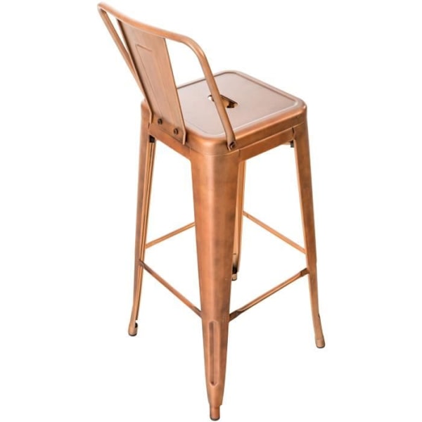 Set med 2 industriella designbarstolar i metall med fotstöd i kopparfärg.