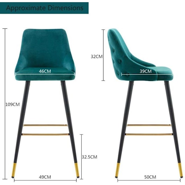 2 barstole i petroleum-farvet velour med quilted ryg og sort og guld metal fodstøtte