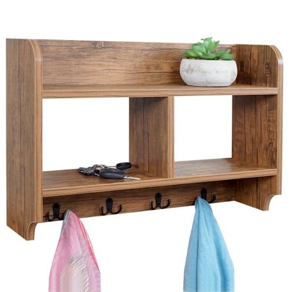 Væghængt garderobe med 4 kroge og 2 hylder, 41 x 60 x 19, med rå eg-look.