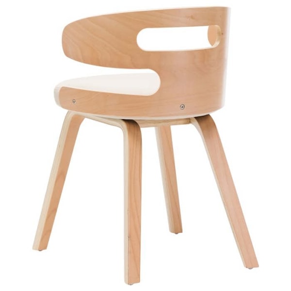 Set med 2 designade matstolar i tidlös böjd trä och syntetiskt material i krämfärg.