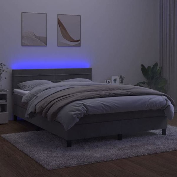 LED-sengramme med silke hovedgærde, madras og topmadras 140 x 190, stof i lys grå fløjl