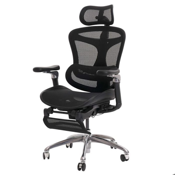 Drejebar kontorstol med ergonomisk lændestøtte, foldbar fodstøtte og justerbare armlæn, sort mesh 04_00062 Svart