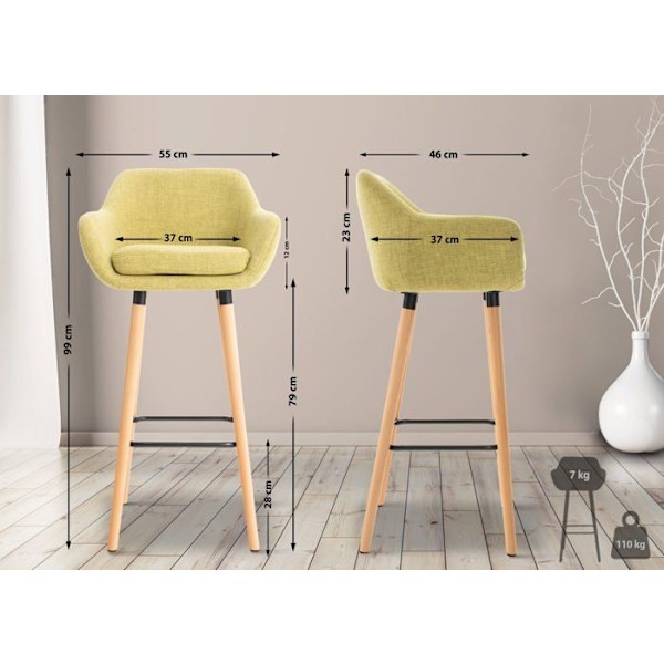 Bar lounge stool x1 design skandinavisk med sæde i lys grøn stof, ben i træ, fodstøtte i metal 10_0004927 kastanj